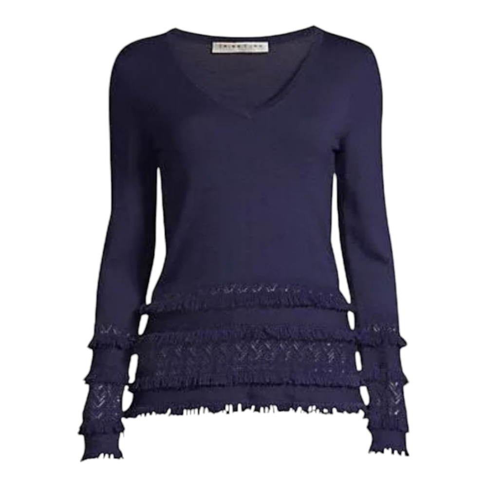 Trina Turk Navy 100% Merino Wool Fringe Sweater V-Neck Medium - Chic & Cozy